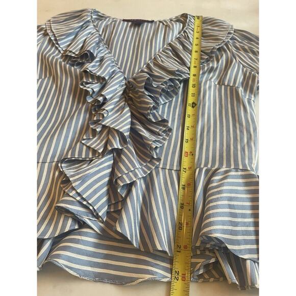 Ralph Lauren Collection Purple Label Blue Pinstripe Ruffle Silk Blouse Runway M - Picture 11 of 13